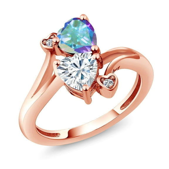 Gem Stone King 18K Rose Gold Plated Silver Mercury Mist Mystic Topaz White Moissanite and White Lab Grown Diamond Ring for Women (1.83 Cttw, Heart Shape 6MM, Gemstone Birthstone, Size 7)
