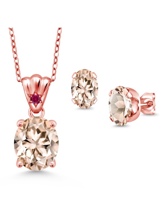 18K Rose Gold Plated Silver Peach Morganite and Red Created Ruby Pendant and Earrings Jewelry Set for Women (5.25 Cttw, Gemstone Birthstone, Oval 11X9MM and 8X6MM with 18 inch Silver Chain)