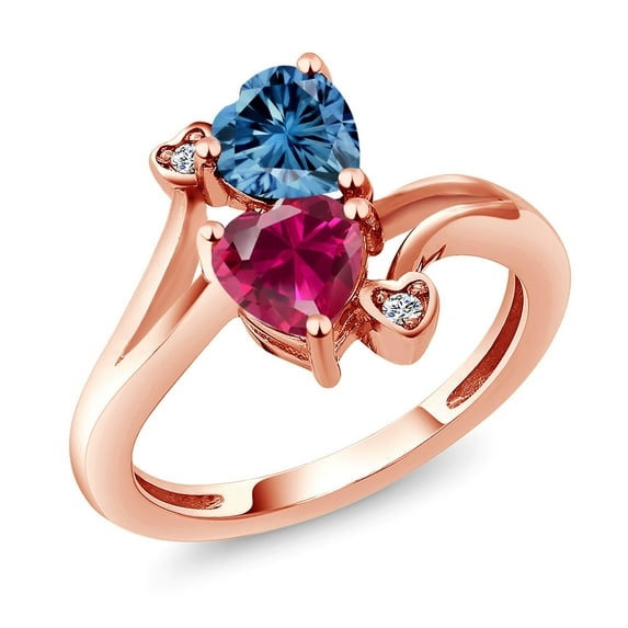 Gem Stone King 18K Rose Gold Plated Silver Persian Blue Moissanite Red Created Ruby and White Lab Grown Diamond Ring for Women (1.79 Cttw, Heart Shape 6MM, Gemstone Birthstone, Size 5)