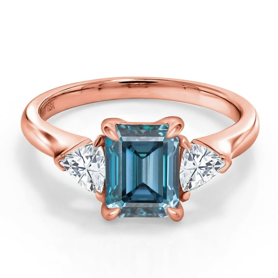 Gem Stone King 18K Rose Gold Plated Silver Persian Blue Moissanite and White Moissanite 3-Stone Ring for Women (1.80 Cttw, 8X6MM Octagon and 3.5 Trillion, Gemstone Birthstone, Size 8)