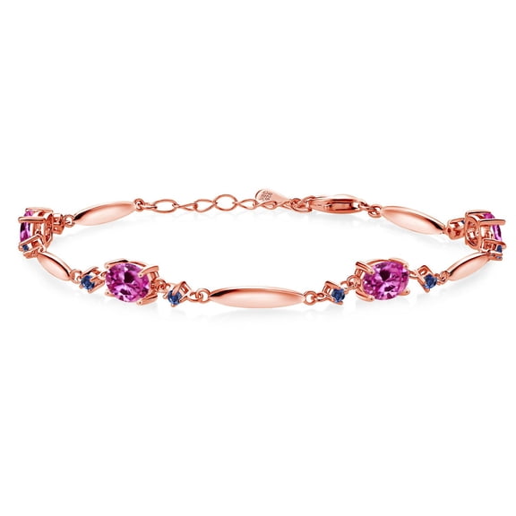 18K Rose Gold Plated Silver Pink Created Sapphire and Blue Created Sapphire Tennis Bracelet for Women | 3.96 Cttw | Gemstone September Birthstone | Oval 7X5MM | 6 inch + 1 inch Extender