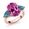 thumbnail image 1 of Gem Stone King 18K Rose Gold Plated Silver Pink Created Sapphire and London Blue Topaz Ring for Women (7.54 Cttw, 14X10MM Oval and 7X5MM Pear Shape, Gemstone September Birthstone, Size 9), 1 of 3