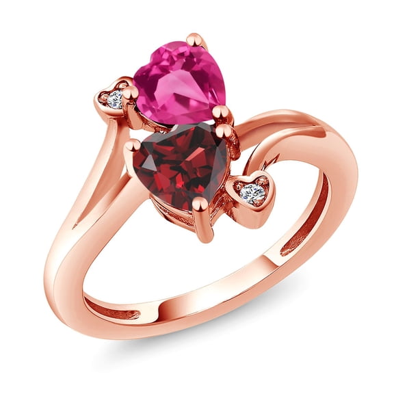 Gem Stone King 18K Rose Gold Plated Silver Pink Created Sapphire Red Garnet and White Moissanite Ring for Women (1.83 Cttw, Heart Shape 6MM, Gemstone September Birthstone, Size 5)