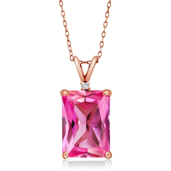 18K Rose Gold Plated Silver Pink Created Sapphire and White Created Sapphire Pendant Necklace for Women (10.02 Cttw, Gemstone September Birthstone, Emerald Cut 14X10MM, with 18 inch Silver Chain)