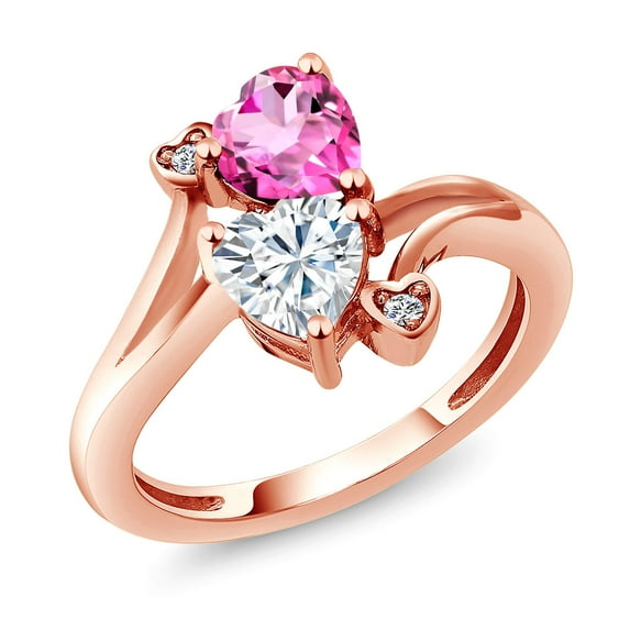 Gem Stone King 18K Rose Gold Plated Silver Pink Mystic Topaz White Moissanite and White Lab Grown Diamond Ring for Women (1.78 Cttw, Heart Shape 6MM, Gemstone Birthstone, Size 9)
