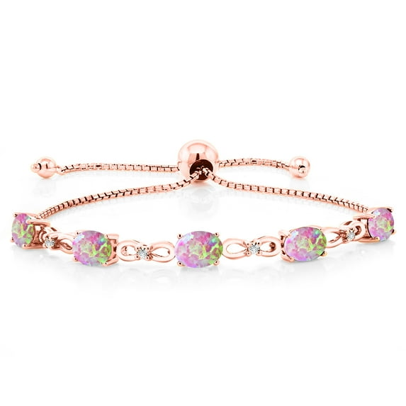 18K Rose Gold Plated Silver Pink Simulated Opal and White Lab Grown Diamond Tennis Bracelet for Women (3.17 Cttw, Gemstone October Birthstone, Oval Cabochon 7x5MM, Fully Adjustable up to 9 inch)