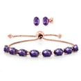 thumbnail image 1 of 18K Rose Gold Plated Silver Purple Amethyst Bracelet and Earrings Jewelry Set for Women (7.50 Cttw, Gemstone February Birthstone, Oval Checkerboard 7X5MM, Fully Adjustable up to 9 inch), 1 of 4