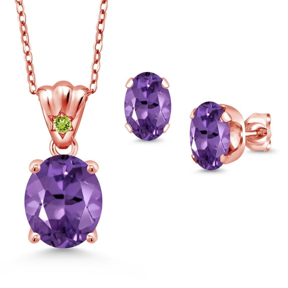 18K Rose Gold Plated Silver Purple Amethyst and Green Peridot Pendant and Earrings Jewelry Set for Women (5.55 Cttw, Gemstone Birthstone, Oval 11X9MM and 8X6MM with 18 inch Silver Chain)
