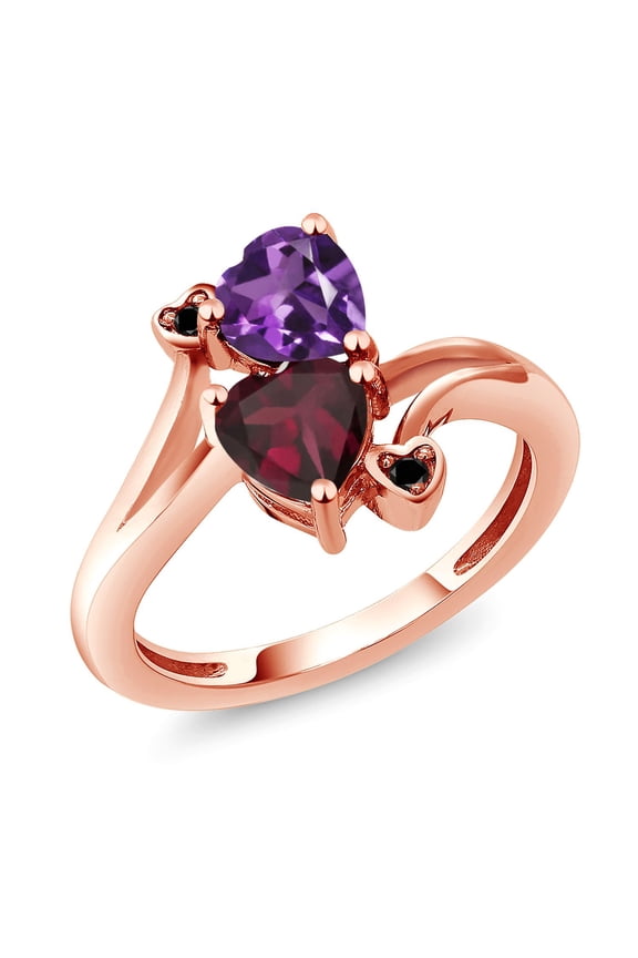 18K Rose Gold Plated Silver Purple Amethyst Red Rhodolite Garnet and Black Diamond Ring for Women (1.40 Cttw, Heart Shape 6MM, Gemstone February Birthstone, Size 9)