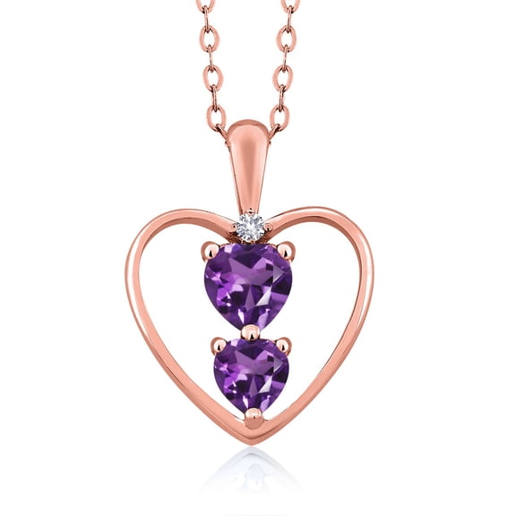 18K Rose Gold Plated Silver Purple Amethyst and White Created Sapphire Pendant Necklace for Women (0.68 Cttw, Gemstone February Birthstone, Heart 5MM and 4MM, with 18 inch Silver Chain)