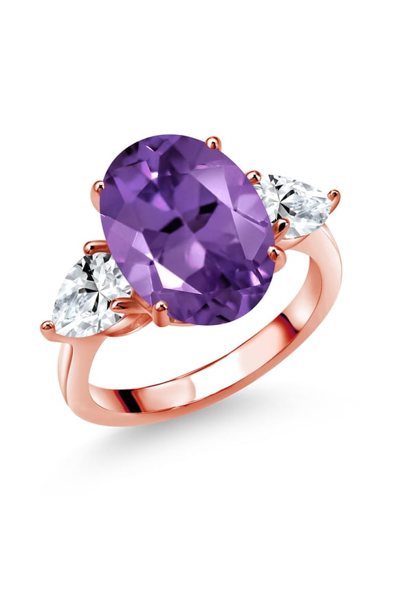 18K Rose Gold Plated Silver Purple Amethyst and White Created Sapphire Ring for Women (9.00 Cttw, 14X10MM Oval and 7X5MM Pear Shape, Gemstone February Birthstone, Size 5)