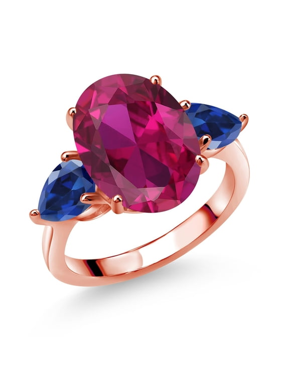 18K Rose Gold Plated Silver Red Created Ruby and Blue Created Sapphire Ring for Women (5.00 Cttw, 14X10MM Oval and 7X5MM Pear Shape, Gemstone July Birthstone, Size 6)