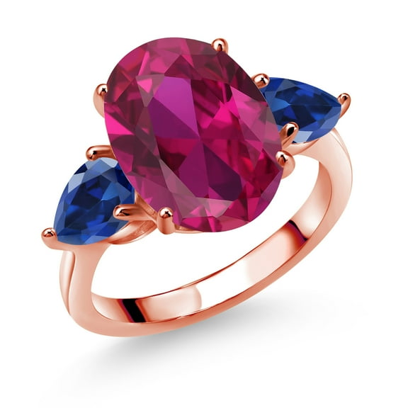 Gem Stone King 18K Rose Gold Plated Silver Red Created Ruby and Blue Created Sapphire Ring for Women (5.00 Cttw, 14X10MM Oval and 7X5MM Pear Shape, Gemstone July Birthstone, Size 9)