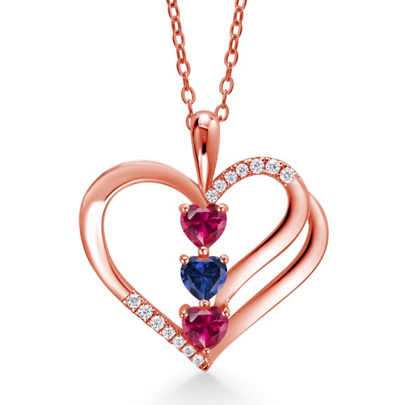 18K Rose Gold Plated Silver Red Created Ruby and Blue Created Sapphire and White Moissanite 3-Stone Pendant Necklace for Women (1.20 Cttw, July Birthstone, Heart Shape 4MM, with 18 inch Silver Chain)