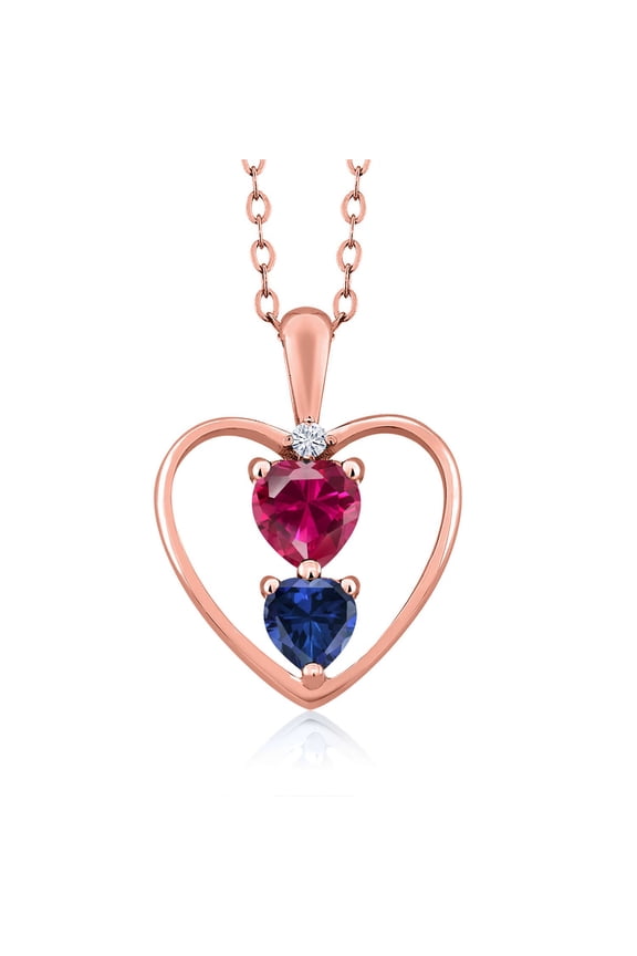 18K Rose Gold Plated Silver Red Created Ruby Blue Created Sapphire and White Moissanite Pendant Necklace for Women (1.11 Cttw, Gemstone July Birthstone, Heart 5MM and 4MM, with 18 inch Silver Chain)