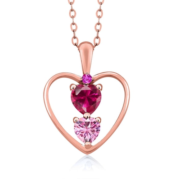 18K Rose Gold Plated Silver Red Created Ruby Pink Moissanite and Pink Sapphire Pendant Necklace for Women (0.86 Cttw, Gemstone July Birthstone, Heart 5MM and 4MM, with 18 inch Silver Chain)