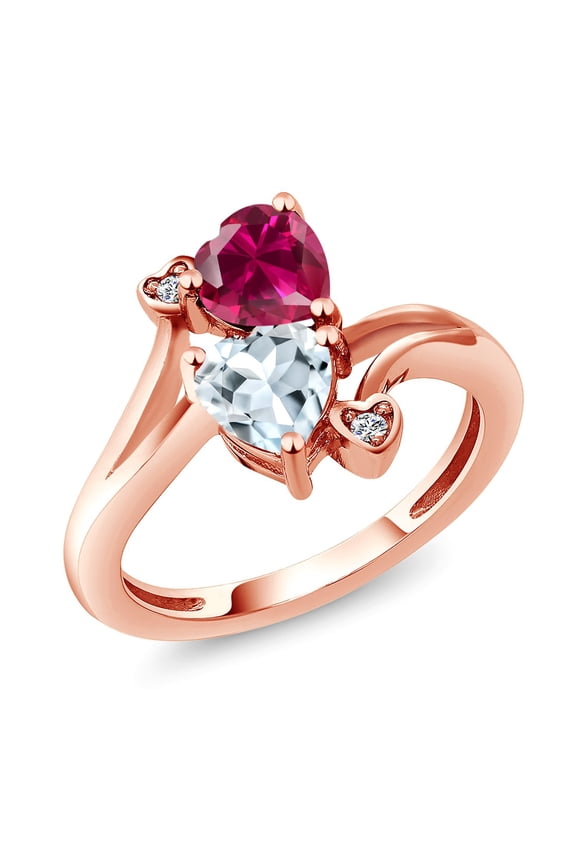18K Rose Gold Plated Silver Red Created Ruby Sky Blue Aquamarine and White Lab Grown Diamond Ring for Women (1.72 Cttw, Heart Shape 6MM, Gemstone July Birthstone, Size 5)