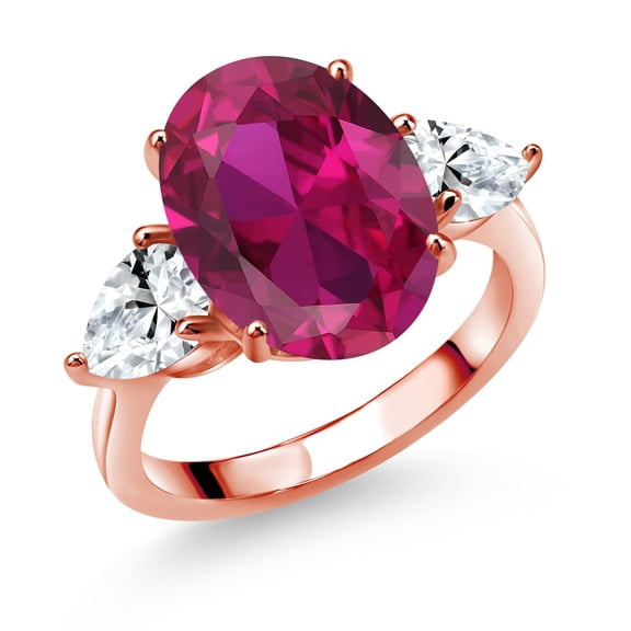 Gem Stone King 18K Rose Gold Plated Silver Red Created Ruby and White Created Sapphire Ring for Women (5.00 Cttw, 14X10MM Oval and 7X5MM Pear Shape, Gemstone July Birthstone, Size 9)