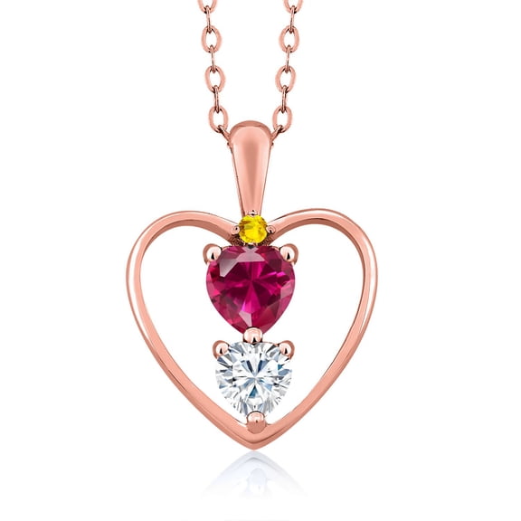 18K Rose Gold Plated Silver Red Created Ruby White Moissanite and Yellow Sapphire Pendant Necklace for Women (0.84 Cttw, Gemstone July Birthstone, Heart 5MM and 4MM, with 18 inch Silver Chain)