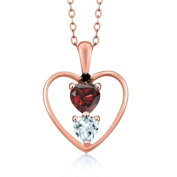 18K Rose Gold Plated Silver Red Garnet Sky Blue Aquamarine and Black Diamond Pendant Necklace for Women (0.86 Cttw, Gemstone January Birthstone, Heart 5MM and 4MM, with 18 inch Silver Chain)