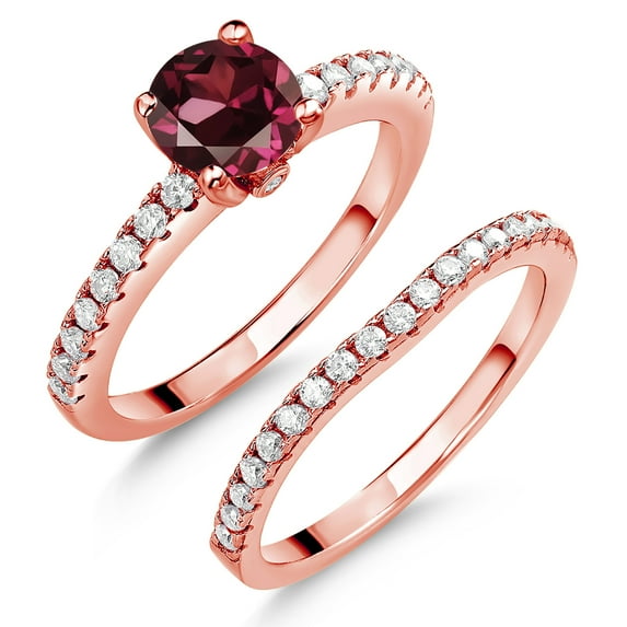 18K Rose Gold Plated Silver Red Rhodolite Garnet and White Moissanite Wedding Engagement Band Bridal Set Ring for Women (1.49 Cttw, Gemstone January Birthstone, Available in Size 5, 6, 7, 8, 9)
