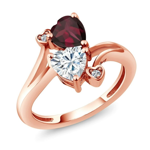 Gem Stone King 18K Rose Gold Plated Silver Red Rhodolite Garnet White Moissanite and White Diamond Ring for Women (1.55 Cttw, Heart Shape 6MM, Gemstone January Birthstone, Size 6)
