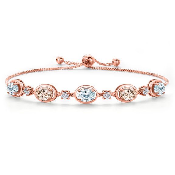 18K Rose Gold Plated Silver Sky Blue Aquamarine and Peach Morganite and Moissanite Tennis Bracelet for Women | 3.55 Cttw | Gemstone March Birthstone | Oval 7X5MM | Fully Adjustable 10 inch