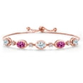 thumbnail image 1 of 18K Rose Gold Plated Silver Sky Blue Aquamarine and Pink Created Sapphire and Moissanite Tennis Bracelet for Women | 4.05 Cttw | Gemstone March Birthstone | Oval 7X5MM | Fully Adjustable 10 inch, 1 of 6