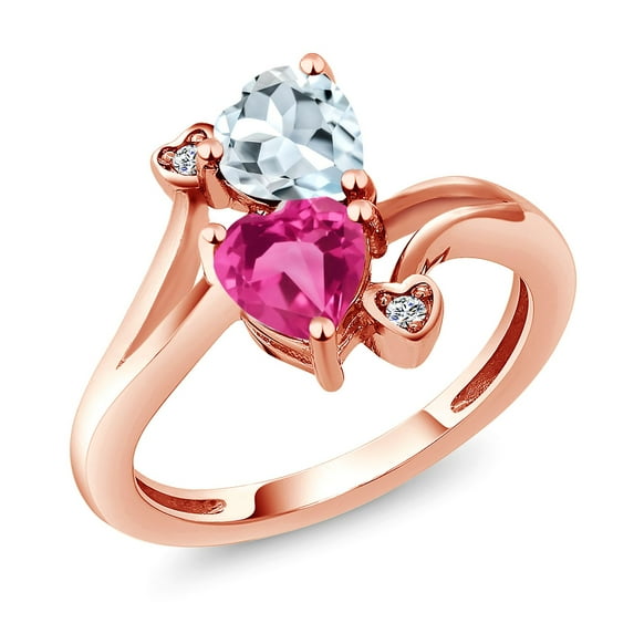 Gem Stone King 18K Rose Gold Plated Silver Sky Blue Aquamarine Pink Created Sapphire and White Moissanite Ring for Women (1.56 Cttw, Heart Shape 6MM, Gemstone March Birthstone, Size 8)