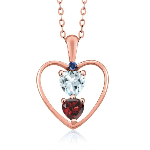 18K Rose Gold Plated Silver Sky Blue Aquamarine Red Garnet and Blue Created Sapphire Pendant Necklace for Women (0.75 Cttw, Gemstone March Birthstone, Heart 5MM and 4MM, with 18 inch Silver Chain)