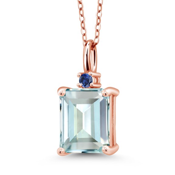 18K Rose Gold Plated Silver Sky Blue Simulated Aquamarine and Blue Created Sapphire Pendant Necklace for Women (4.28 Cttw, Gemstone Birthstone, Emerald Cut 10X8MM with 18 inch Silver Chain)