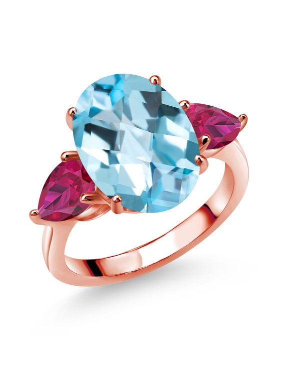 18K Rose Gold Plated Silver Sky Blue Topaz and Red Created Ruby Ring for Women (9.20 Cttw, 14X10MM Oval Checkerboard and 7X5MM Pear Shape, Gemstone November Birthstone, in Size 5, 6, 7, 8, 9)