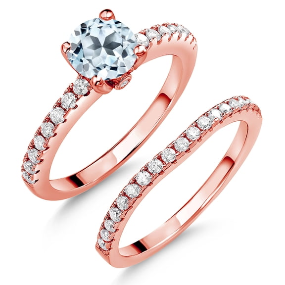 18K Rose Gold Plated Silver Sky Blue Topaz and White Moissanite Wedding Engagement Band Bridal Set Ring for Women (1.49 Cttw, Gemstone November Birthstone, Available in Size 5, 6, 7, 8, 9)