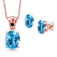 thumbnail image 1 of 18K Rose Gold Plated Silver Swiss Blue Topaz and Black Diamond Pendant and Earrings Jewelry Set for Women (7.03 Cttw, Gemstone Birthstone, Oval 11X9MM and 8X6MM with 18 inch Silver Chain), 1 of 3