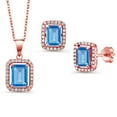 thumbnail image 1 of 18K Rose Gold Plated Silver Swiss Blue Topaz Pendant and Earrings Jewelry Set for Women | 7.06 Cttw | Emerald Cut 9X7MM and 8X6MM | Gemstone November Birthstone | with 18 inch Silver Chain, 1 of 4