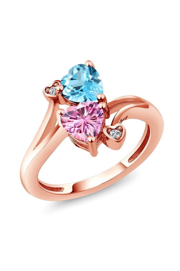 18K Rose Gold Plated Silver Swiss Blue Topaz Pink Moissanite and White Lab Grown Diamond Ring for Women (1.78 Cttw, Heart Shape 6MM, Gemstone November Birthstone, Size 8)