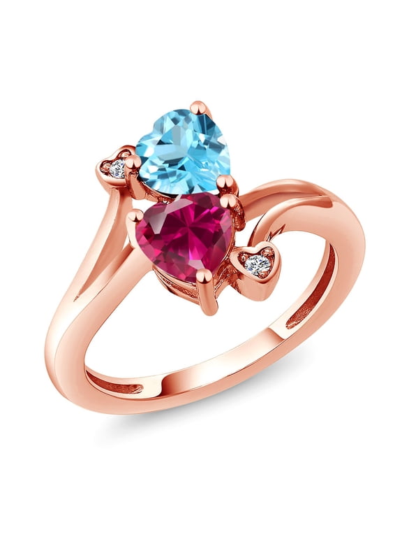 18K Rose Gold Plated Silver Swiss Blue Topaz Red Created Ruby and White Lab Grown Diamond Ring for Women (1.94 Cttw, Heart Shape 6MM, Gemstone November Birthstone, Size 5)