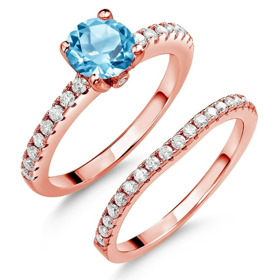 18K Rose Gold Plated Silver Swiss Blue Topaz and White Moissanite Wedding Engagement Band Bridal Set Ring for Women (1.49 Cttw, Gemstone November Birthstone, Available in Size 5, 6, 7, 8, 9)