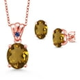 thumbnail image 1 of 18K Rose Gold Plated Silver Whiskey Quartz and Blue Created Sapphire Pendant and Earrings Jewelry Set for Women (5.05 Cttw, Gemstone Birthstone, Oval 11X9MM and 8X6MM with 18 inch Silver Chain), 1 of 3