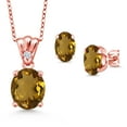 thumbnail image 1 of 18K Rose Gold Plated Silver Whiskey Quartz and White Zirconia Pendant and Earrings Jewelry Set for Women (5.03 Cttw, Gemstone Birthstone, Oval 11X9MM and 8X6MM with 18 inch Silver Chain), 1 of 3
