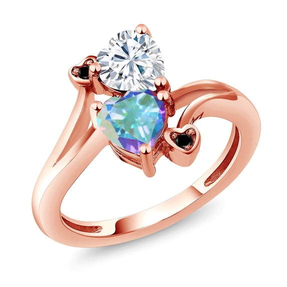 Gem Stone King 18K Rose Gold Plated Silver White Moissanite Mercury Mist Mystic Topaz and Black Diamond Ring for Women (1.83 Cttw, Heart Shape 6MM, Gemstone Birthstone, Size 6)