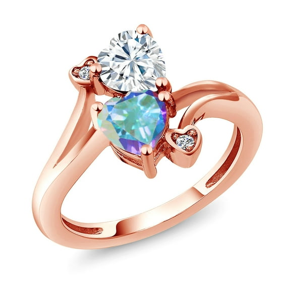 Gem Stone King 18K Rose Gold Plated Silver White Moissanite Mercury Mist Mystic Topaz and White Lab Grown Diamond Ring for Women (1.83 Cttw, Heart Shape 6MM, Gemstone Birthstone, Size 6)