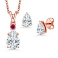 thumbnail image 1 of 18K Rose Gold Plated Silver White Moissanite and Red Created Ruby Pendant and Earrings Jewelry Set for Women (3.37 Cttw, Gemstone Birthstone, Pear Shape 10X7MM and 7X5MM, with 18 inch Chain), 1 of 3