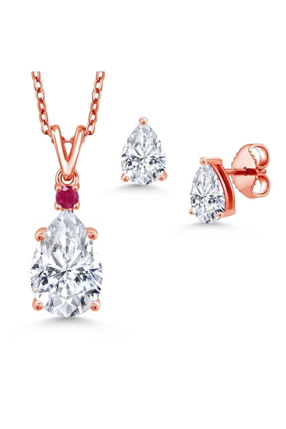 18K Rose Gold Plated Silver White Moissanite and Red Ruby Pendant and Earrings Jewelry Set for Women | 4.47 Cttw | Gemstone Birthstone | Pear Shape 12X8MM and 7X5MM | with 18 inch Chain