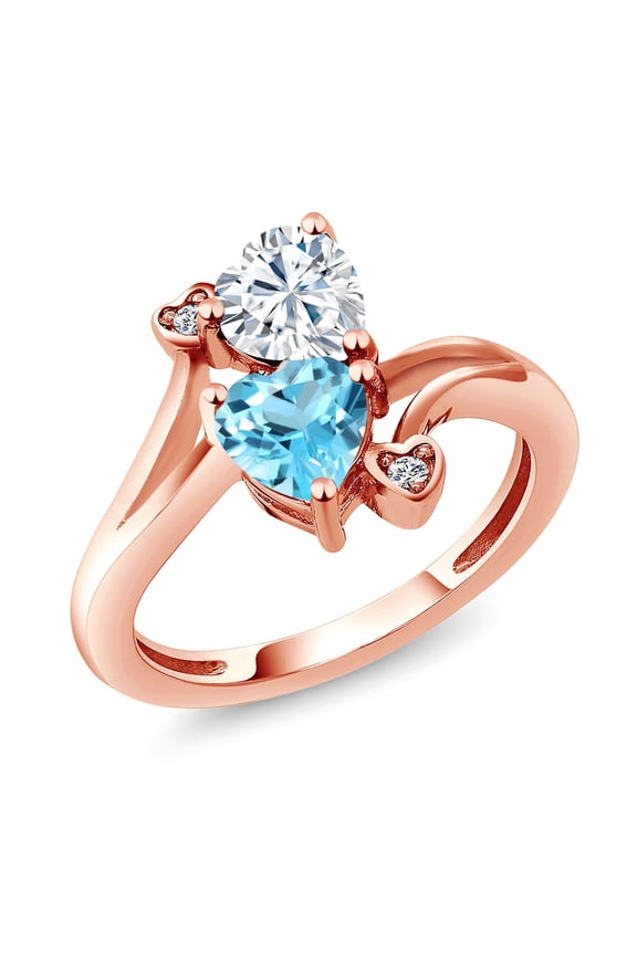 18K Rose Gold Plated Silver White Moissanite Swiss Blue Topaz and White Lab Grown Diamond Ring for Women (1.78 Cttw, Heart Shape 6MM, Gemstone Birthstone, Size 8)