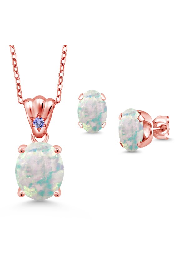 18K Rose Gold Plated Silver White Opal and Blue Tanzanite Pendant and Earrings Jewelry Set for Women (4.04 Cttw, Gemstone Birthstone, Oval Cabochon 11X9MM and 8X6MM with 18 inch Silver Chain)
