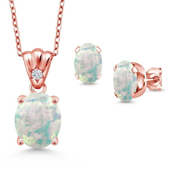 18K Rose Gold Plated Silver White Opal and White Zirconia Pendant and Earrings Jewelry Set for Women (4.03 Cttw, Gemstone Birthstone, Oval Cabochon 11X9MM and 8X6MM with 18 inch Silver Chain)