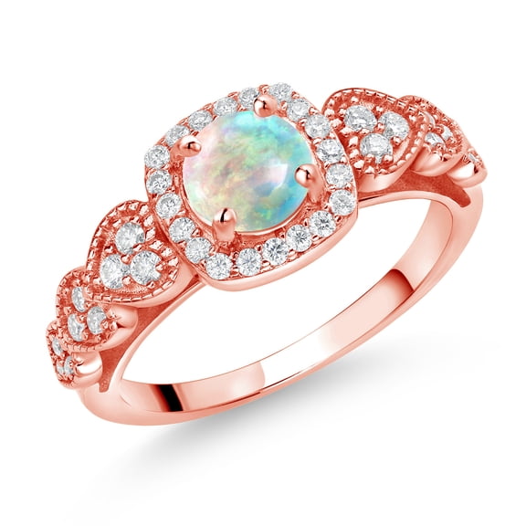 Gem Stone King 18K Rose Gold Plated Silver White Simulated Opal and White Moissanite Engagement Ring for Women (0.68 Cttw, Round Cabochon 6MM, Gemstone October Birthstone, Size 8)