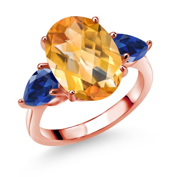 18K Rose Gold Plated Silver Yellow Citrine and Blue Created Sapphire Ring for Women (7.73 Cttw, 14X10MM Oval Checkerboard and 7X5MM Pear Shape, Gemstone November Birthstone, in Size 5, 6, 7, 8, 9)
