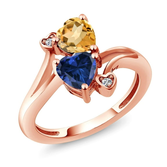 Gem Stone King 18K Rose Gold Plated Silver Yellow Citrine Blue Created Sapphire and White Moissanite Ring for Women (1.48 Cttw, Heart Shape 6MM, Gemstone November Birthstone, Size 6)
